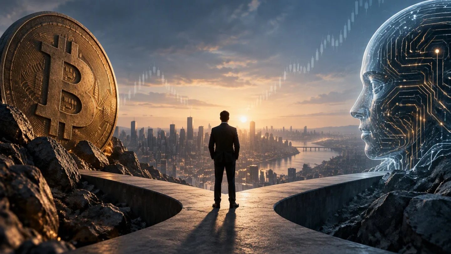 Editorial illustration of a venture firm's crypto fund widening its focus to AI and frontier technology