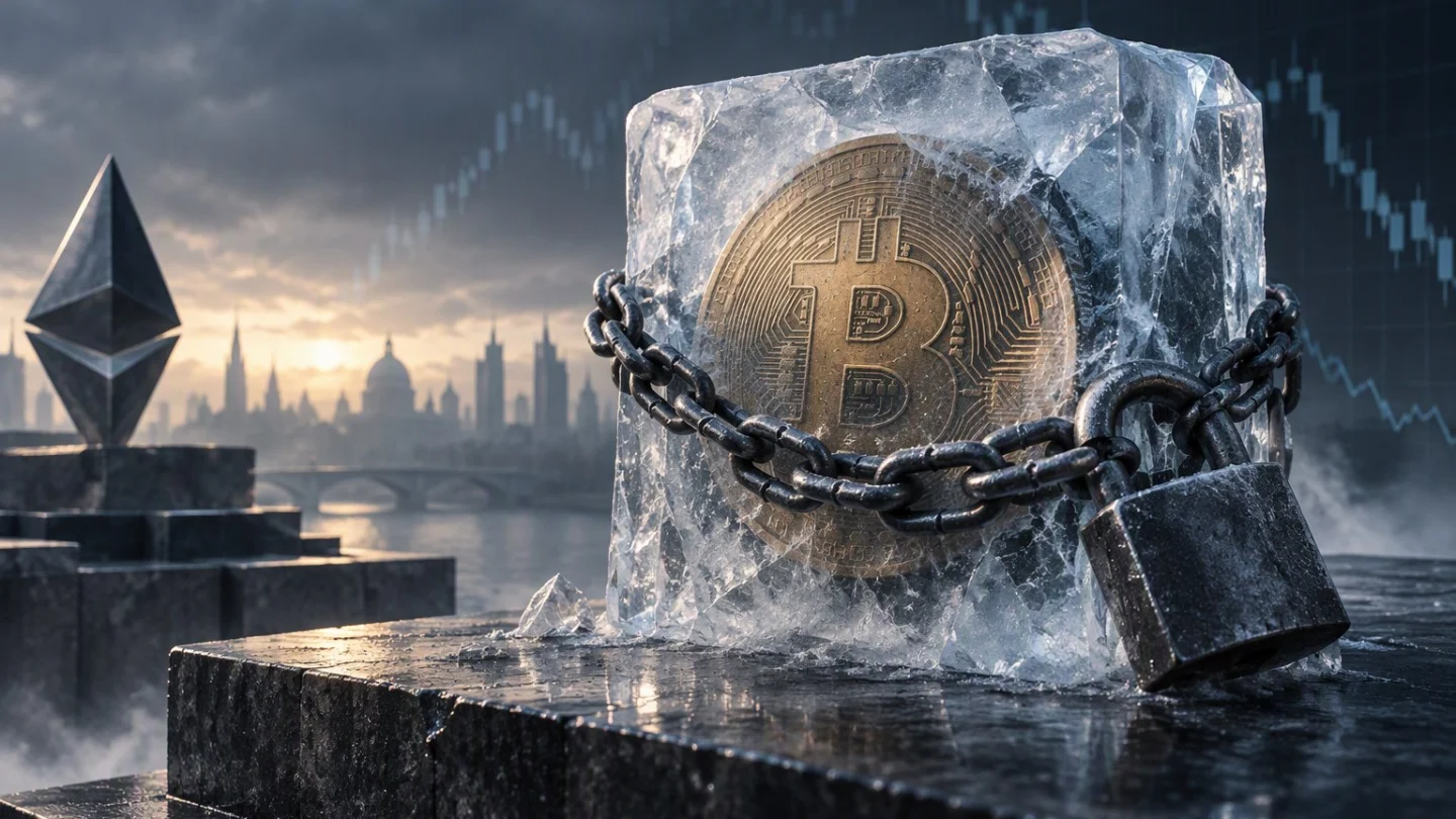 A single orange-tinted bitcoin-like coin sealed inside a block of clear ice on a slate vault shelf, in charcoal, slate and blue