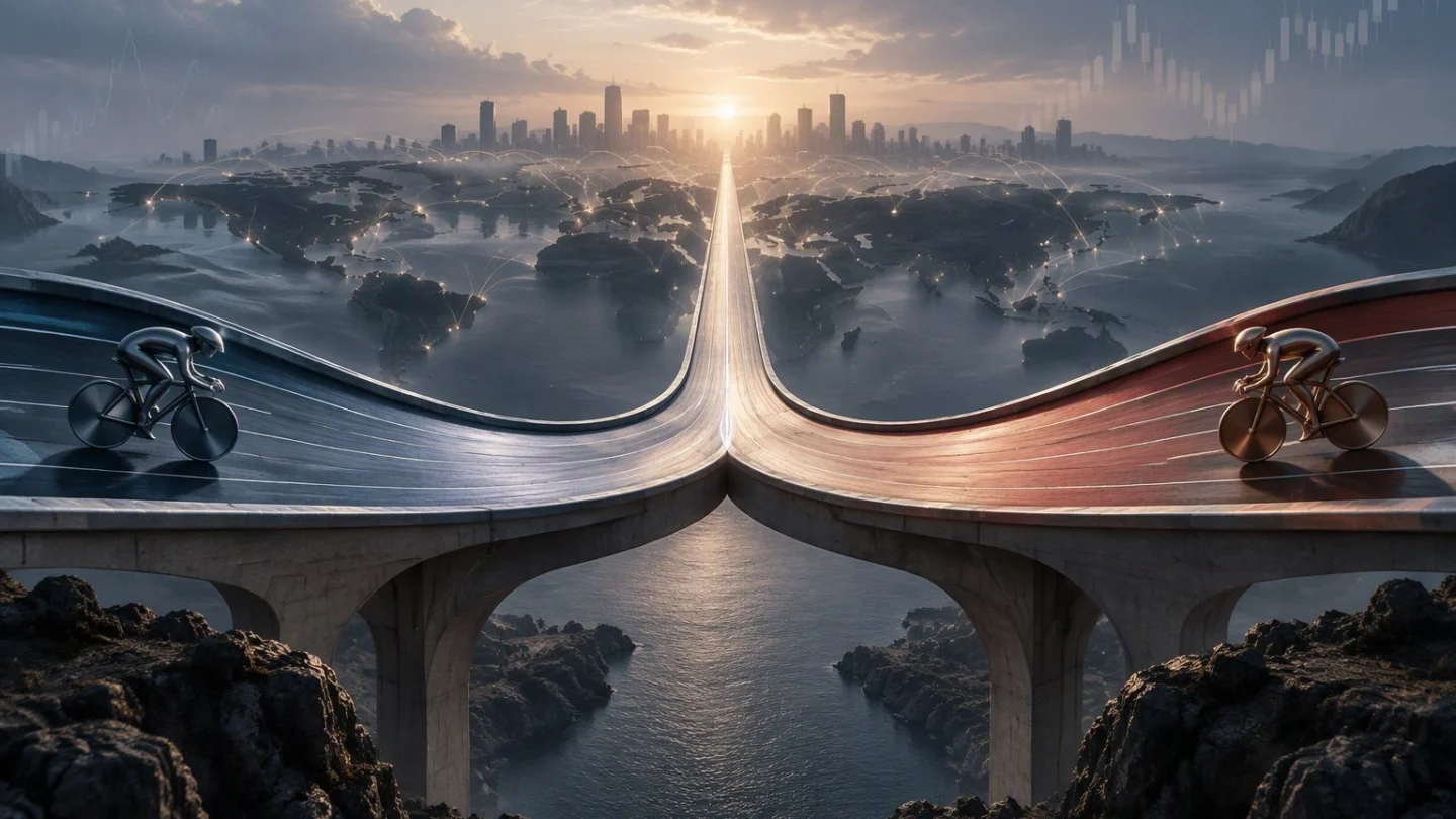 Two cycling tracks, one blue and one red, curving off a bridge and merging into a single lane towards a city skyline at sunrise