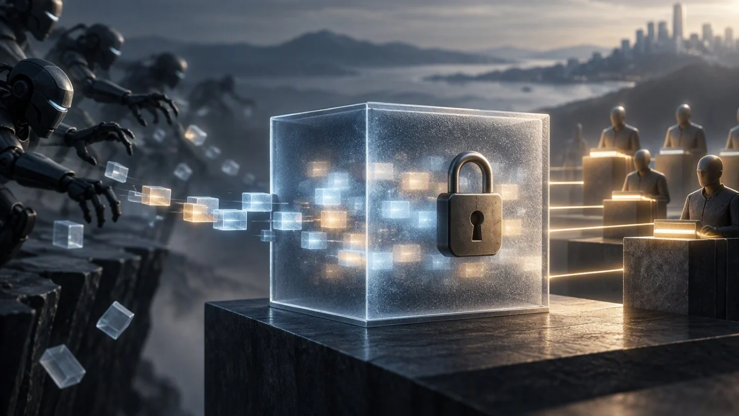 A padlocked glass cube full of glowing data blocks sits between dark robotic figures and a row of seated figures at lit desks