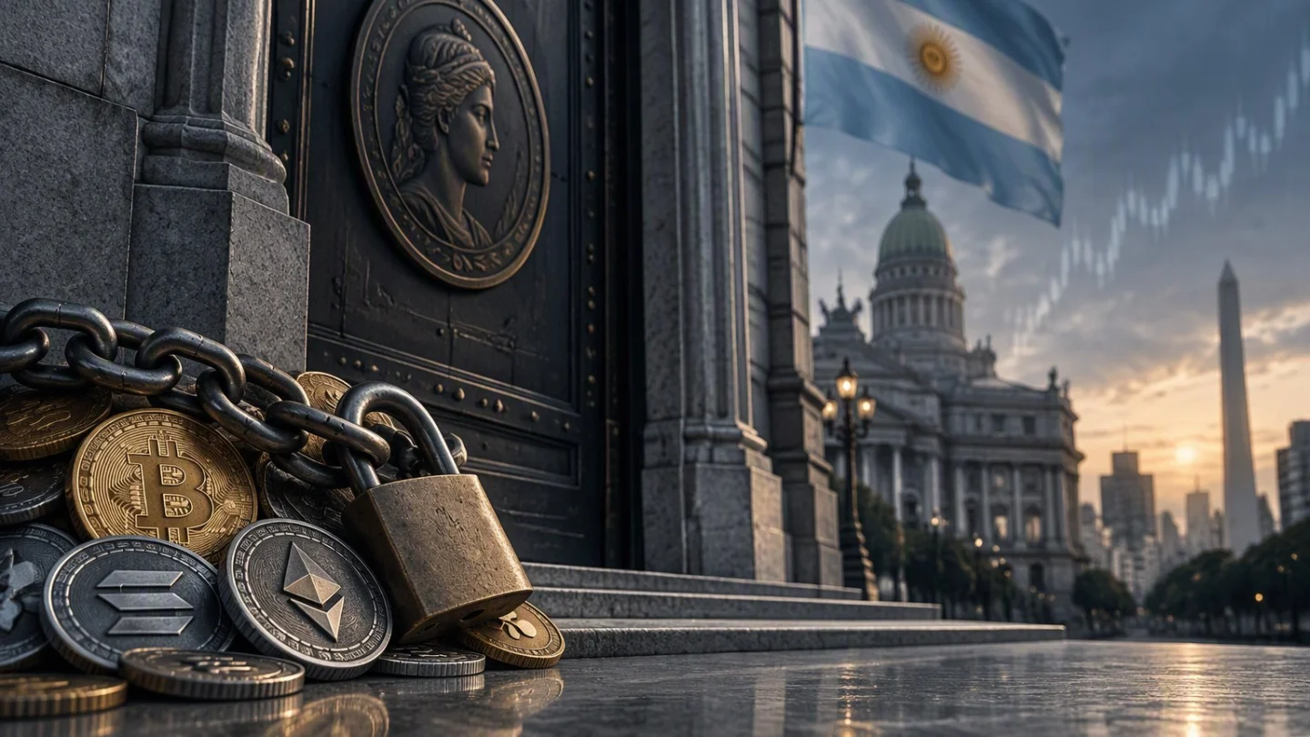 A padlock and heavy chain over a pile of crypto coins at the foot of a stone bank door, with the Argentine flag and Buenos Aires skyline behind