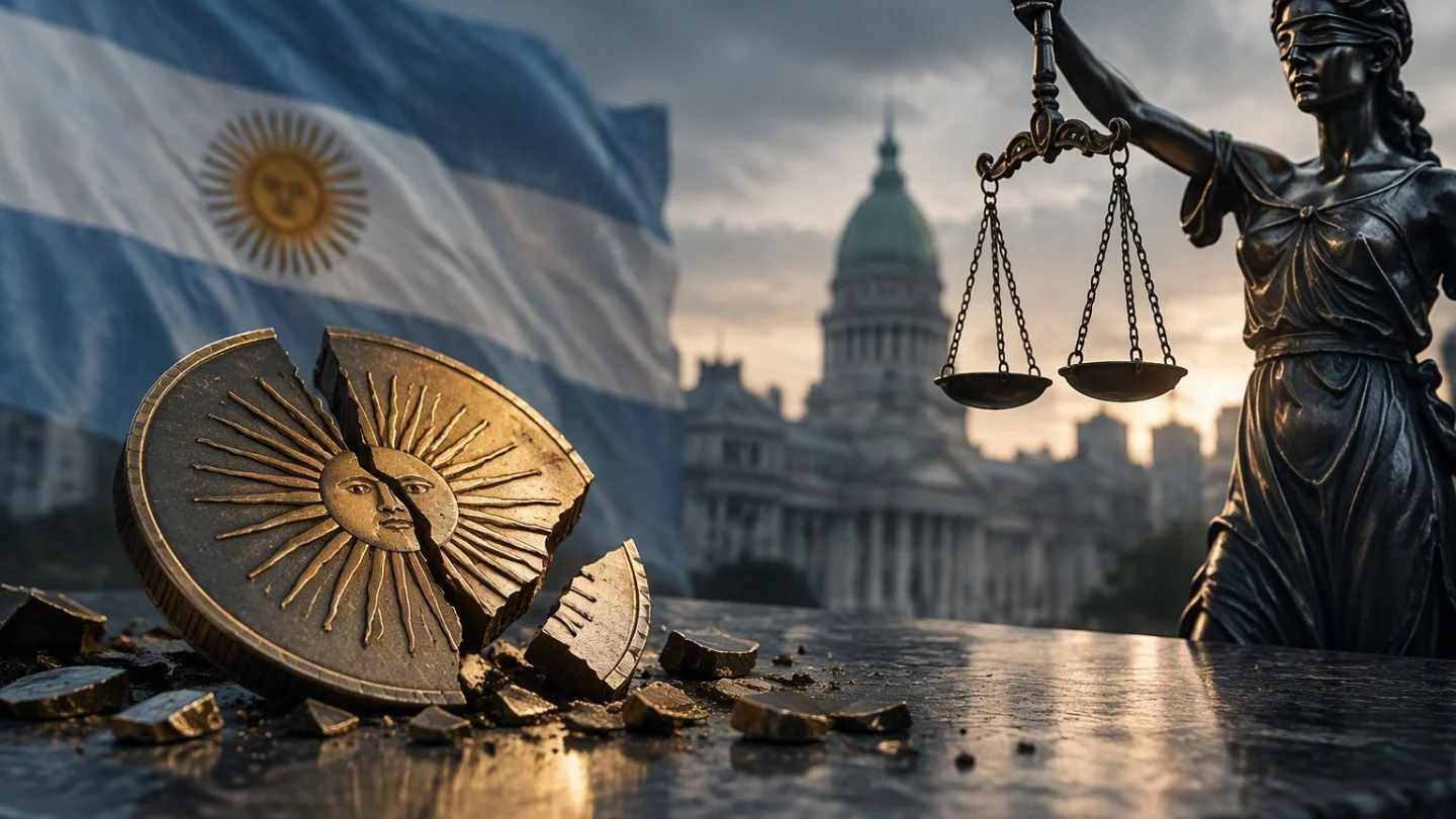 A judge's gavel resting on a closed case file beside a cracked gold token on a dark courtroom desk, with Argentina highlighted on a muted map behind, in charcoal, slate and blue