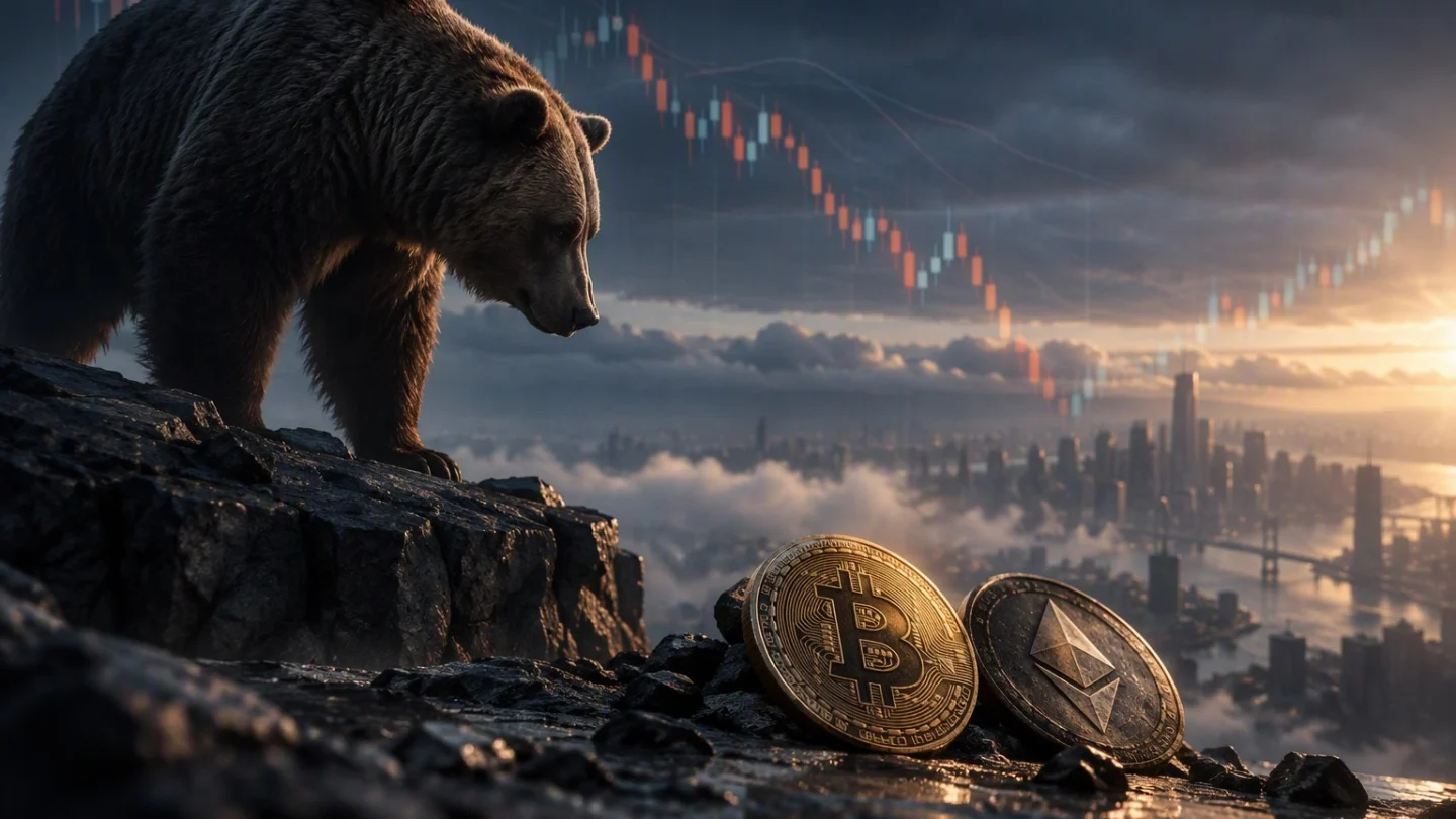 A trader's ledger closing on a dark desk as a row of slate-blue tokens slides off a scale toward an exit, in charcoal, slate and blue