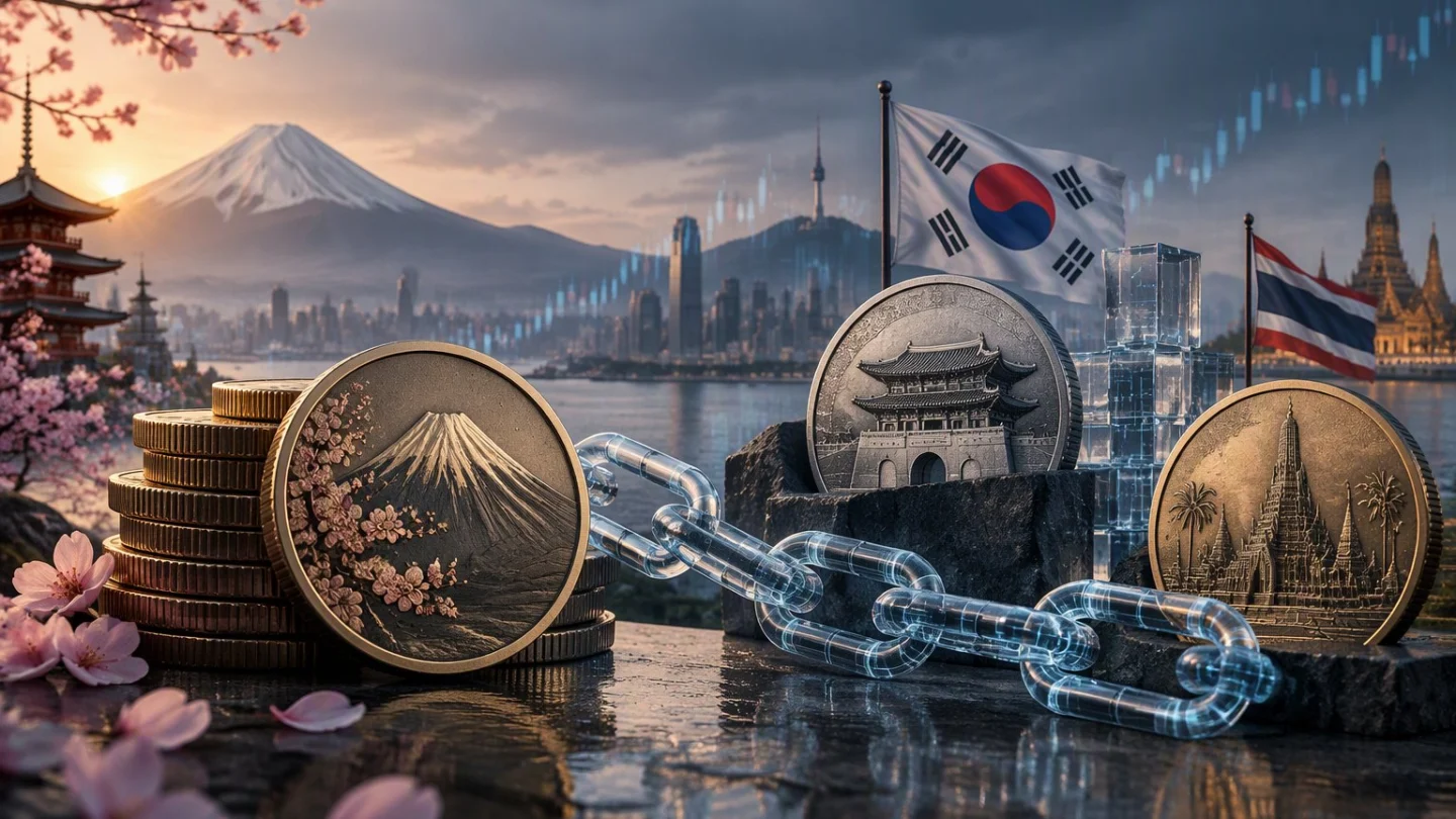 A stylised map of East Asia with ten small numbered pins joined by fine lines