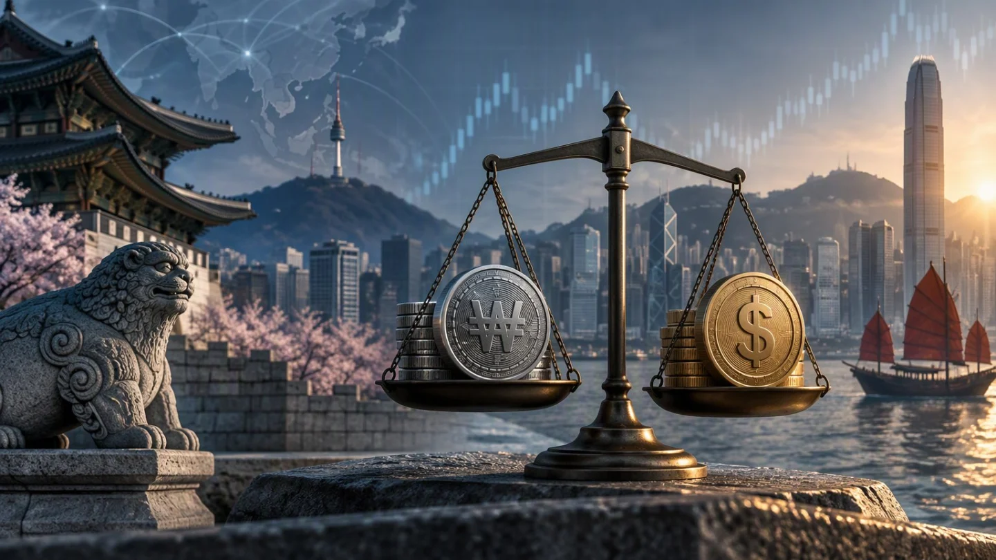 A balance scale weighing won and dollar coins between Seoul and Hong Kong's harbour skylines, with a map of East Asia in the sky