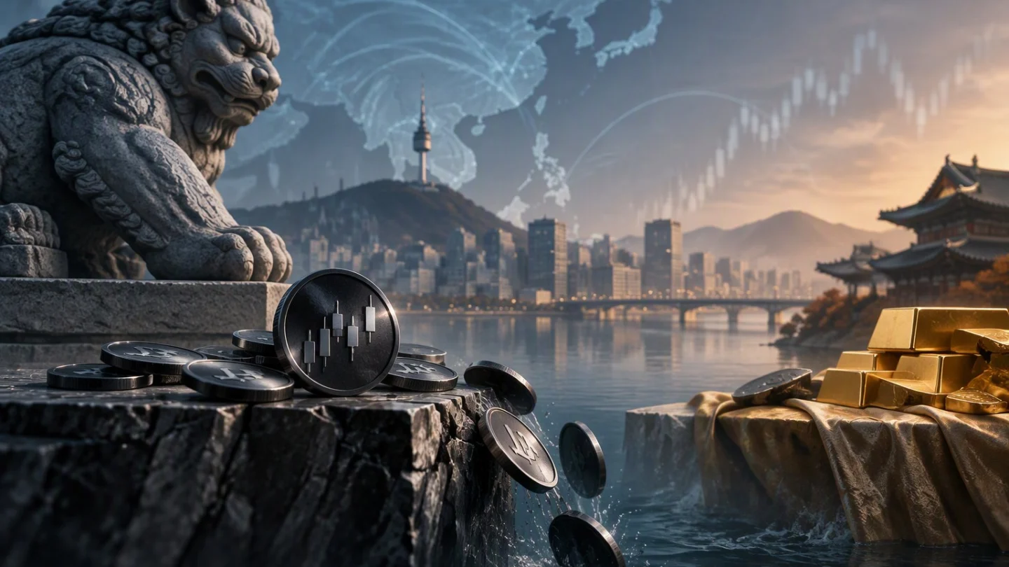 A Haetae guardian statue beside cryptocurrency coins and gold bars overlooking a Korean city river at dusk