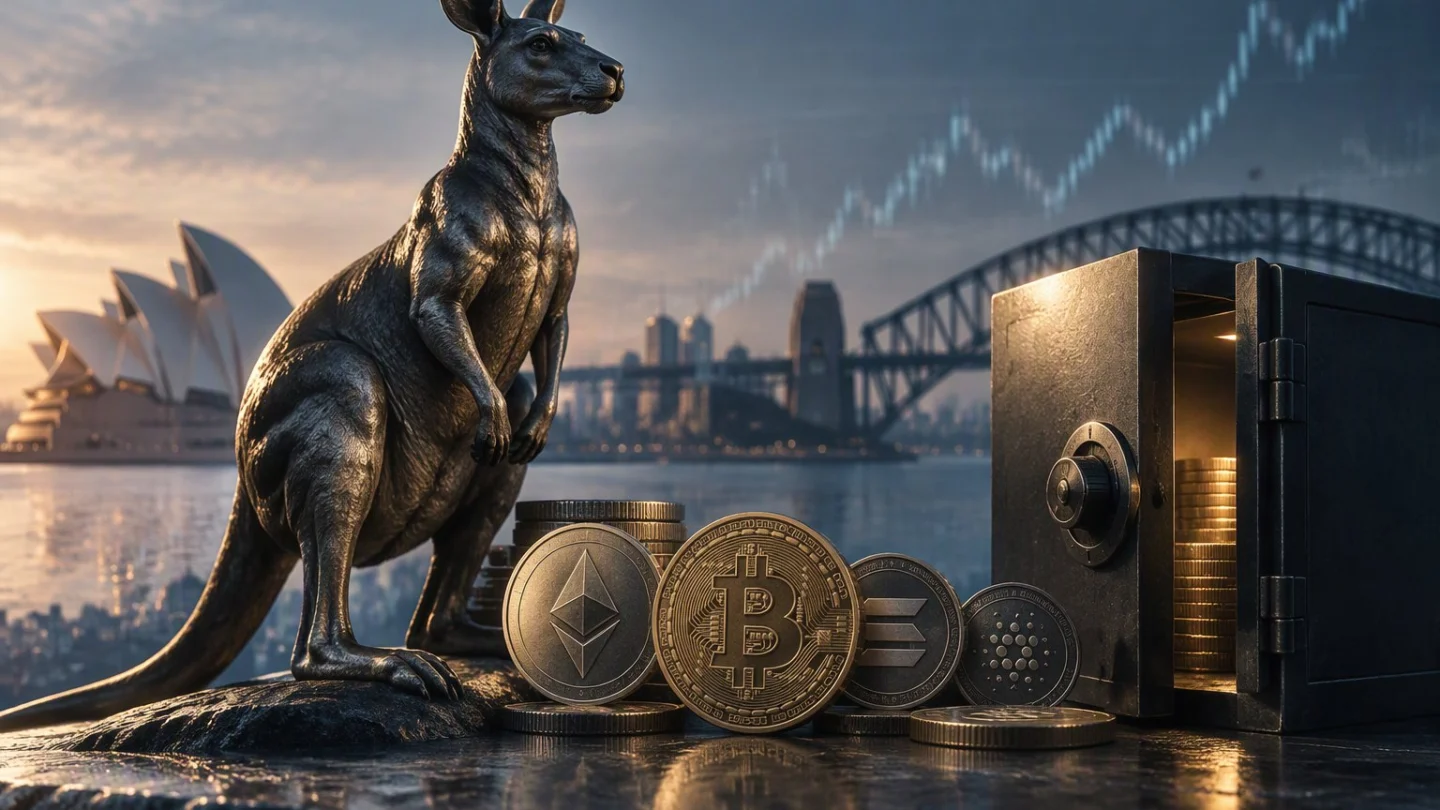 A bronze kangaroo statue beside a row of crypto coins and an open steel safe stacked with gold coins, with the Sydney Opera House, Harbour Bridge and a rising price line at dusk
