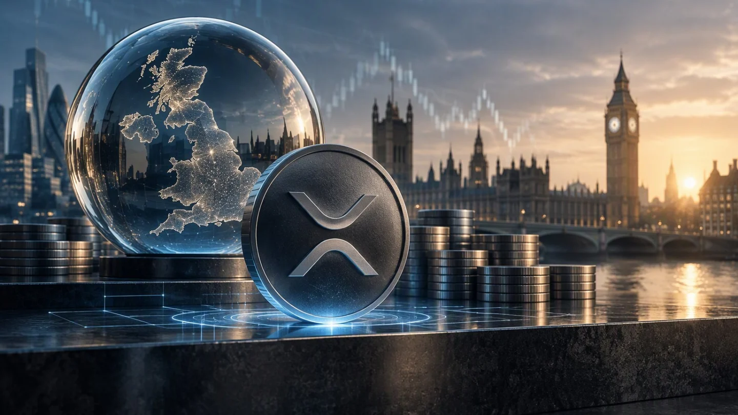 A pound sterling coin mirrored by a translucent digital twin above a London financial district, with the UK subtly highlighted on a map, in charcoal, slate and blue