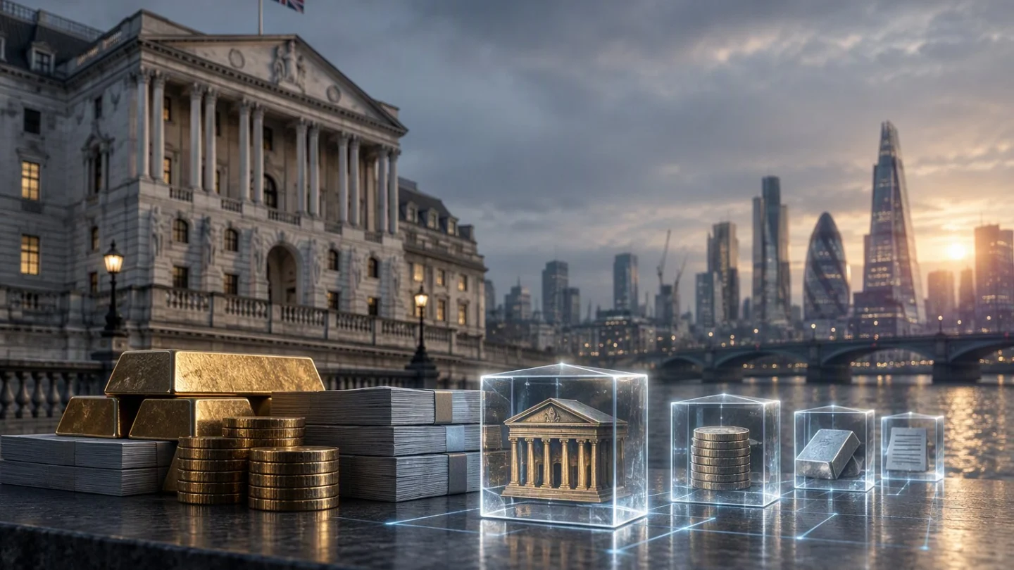 A stack of government bond certificates dissolving into glowing digital tiles inside a vault, with the outline of the United Kingdom faintly highlighted on the wall behind
