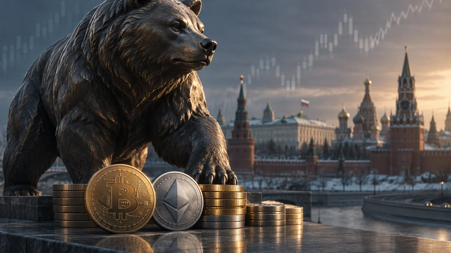 A heavy ledger book open on a marble counter in a grand bank hall, a row of small coin tokens lined up on its pages, with Russia highlighted on a map behind, in charcoal, slate and blue