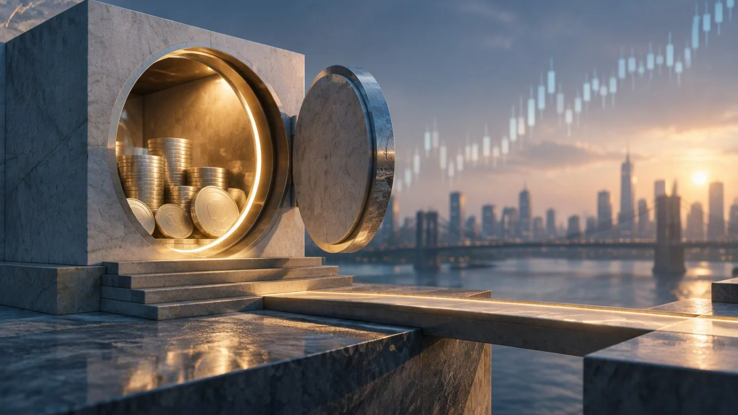An open stone vault filled with stacks of silver coins, a lit walkway leading from it toward a city skyline at sunrise