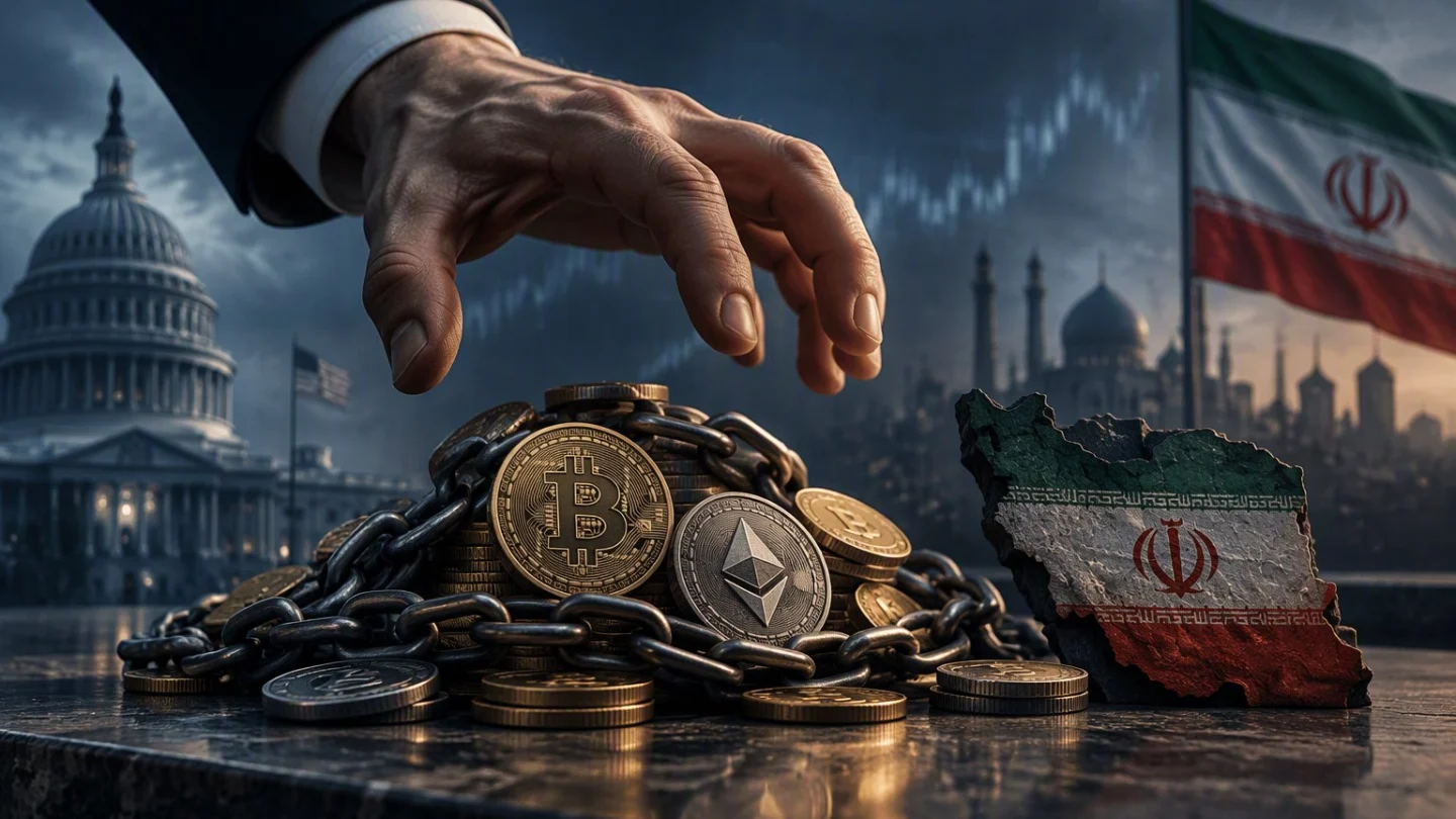 A hand reaching for a pile of chained crypto coins between the US Capitol and an Iranian flag