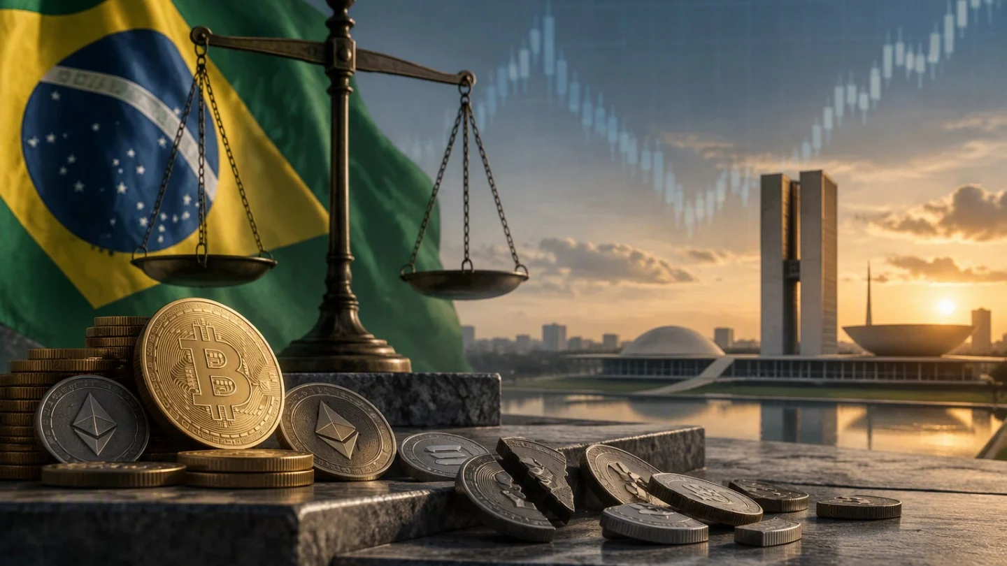Editorial illustration of a crypto exchange's Brazilian storefront narrowing its shelves as a licence deadline nears, with Brazil highlighted on a map