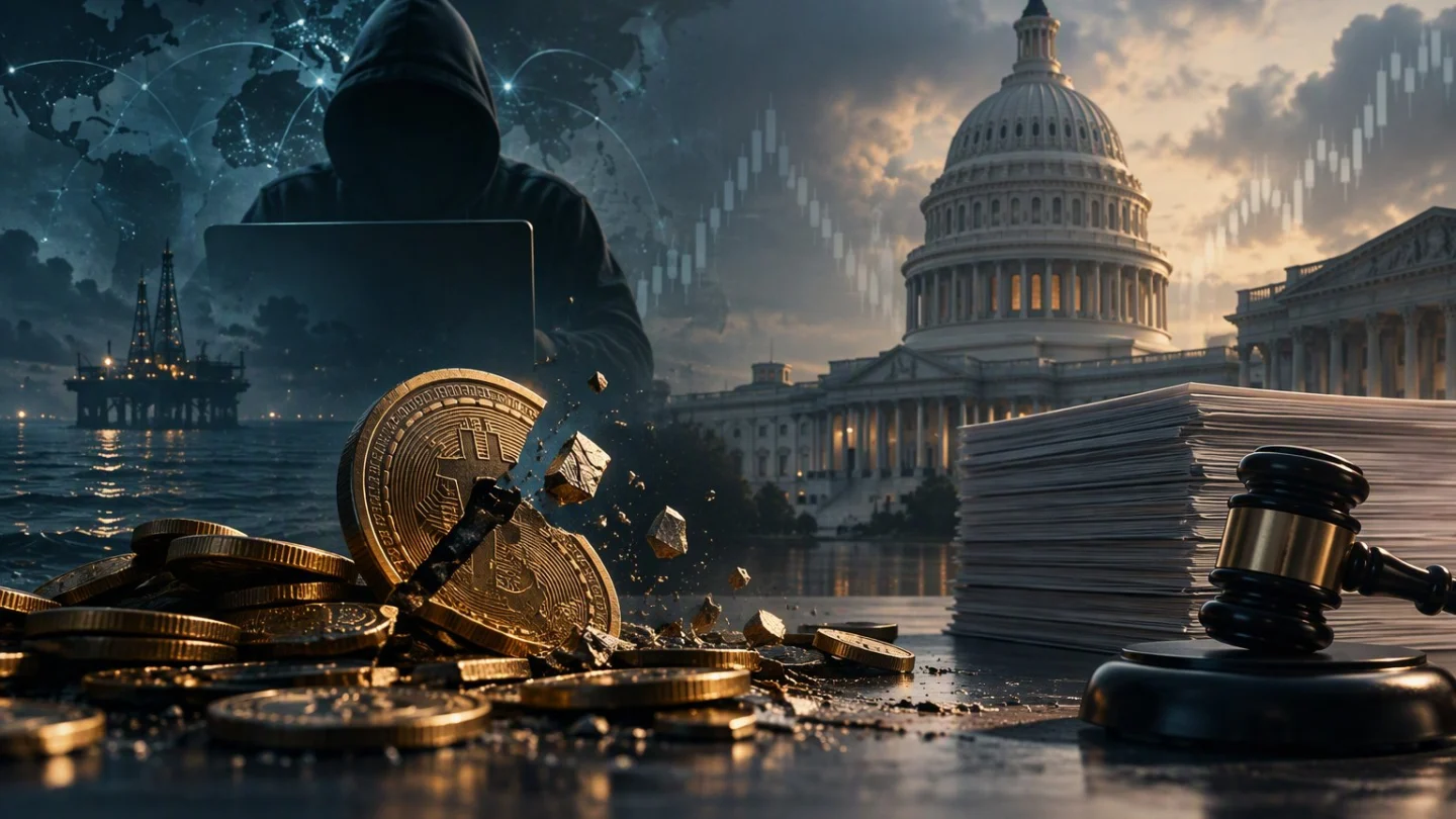 A hooded figure at a laptop behind a cracked bitcoin, with the US Capitol, a stack of papers and a gavel to the right, in charcoal, slate and gold