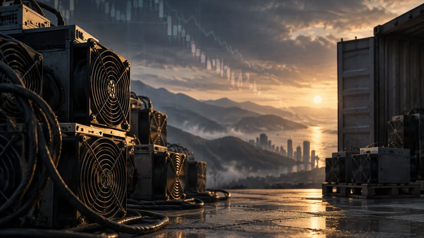 Silent mining-rig fans beside a closed steel gate in muted charcoal and slate