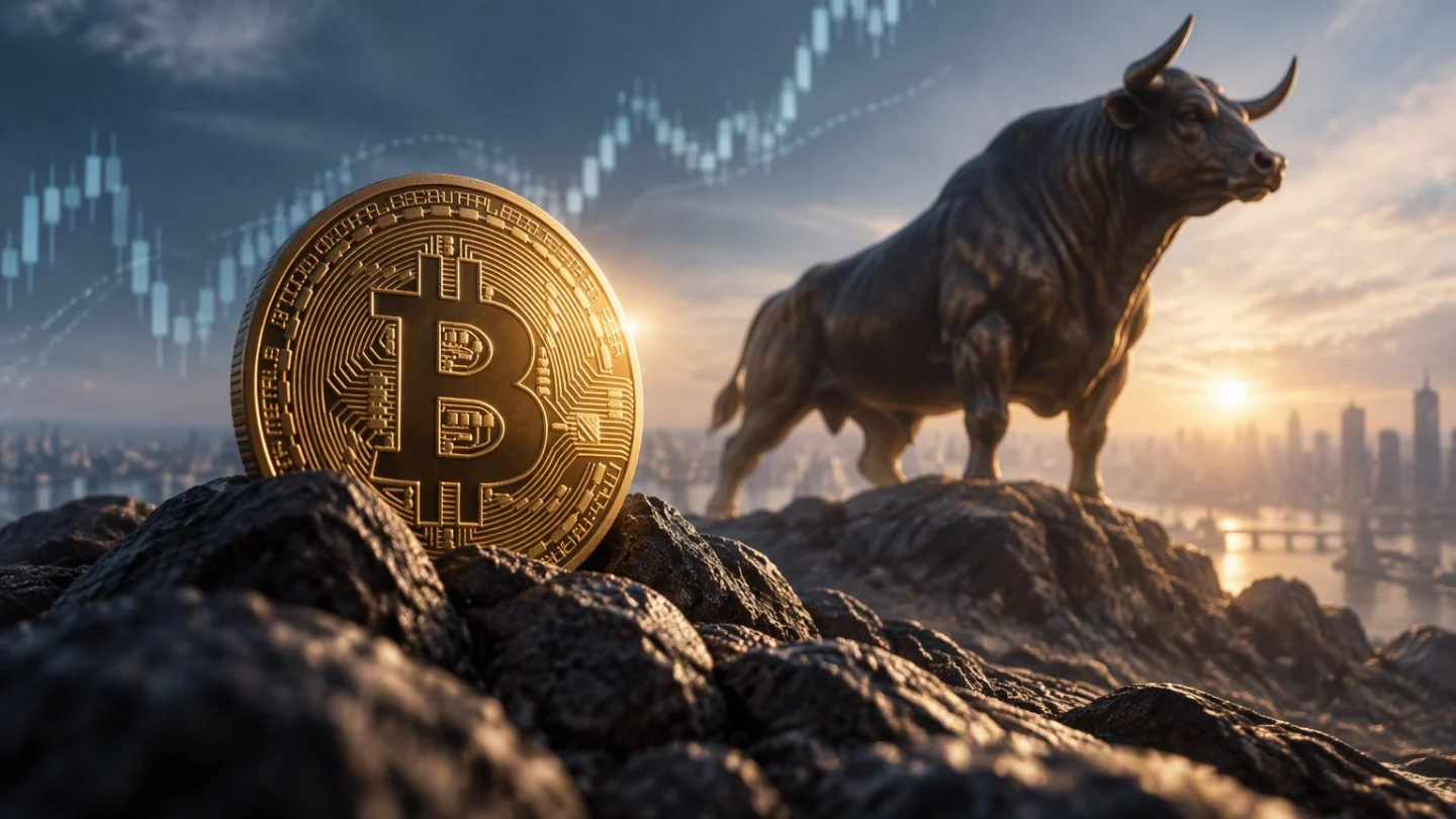 A bitcoin coin and a bronze bull on dark rocks at sunset, with a faint candlestick chart in the sky