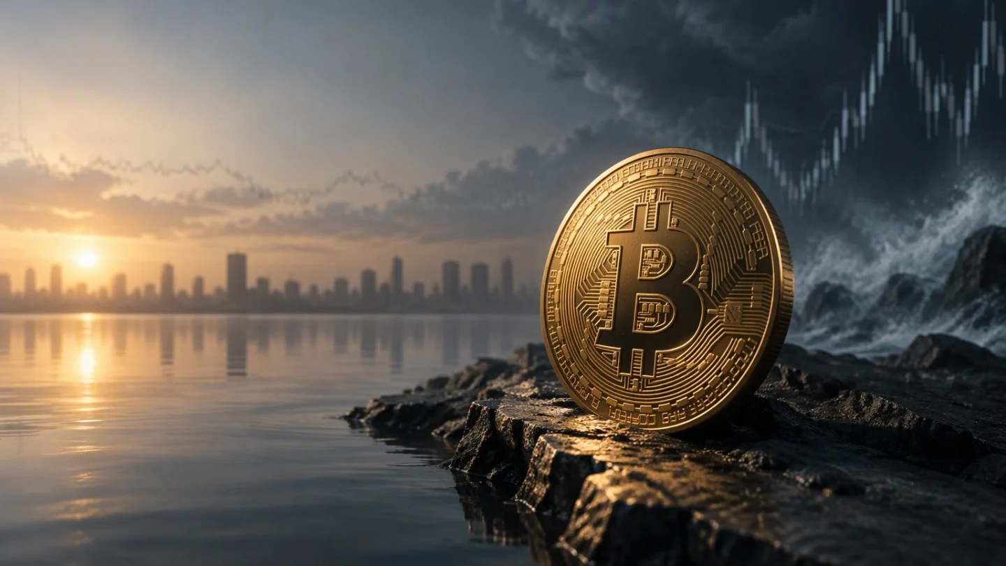 A gold bitcoin coin on a rocky shore, with calm water and a sunrise skyline on the left and a storm of tall candlestick spikes on the right