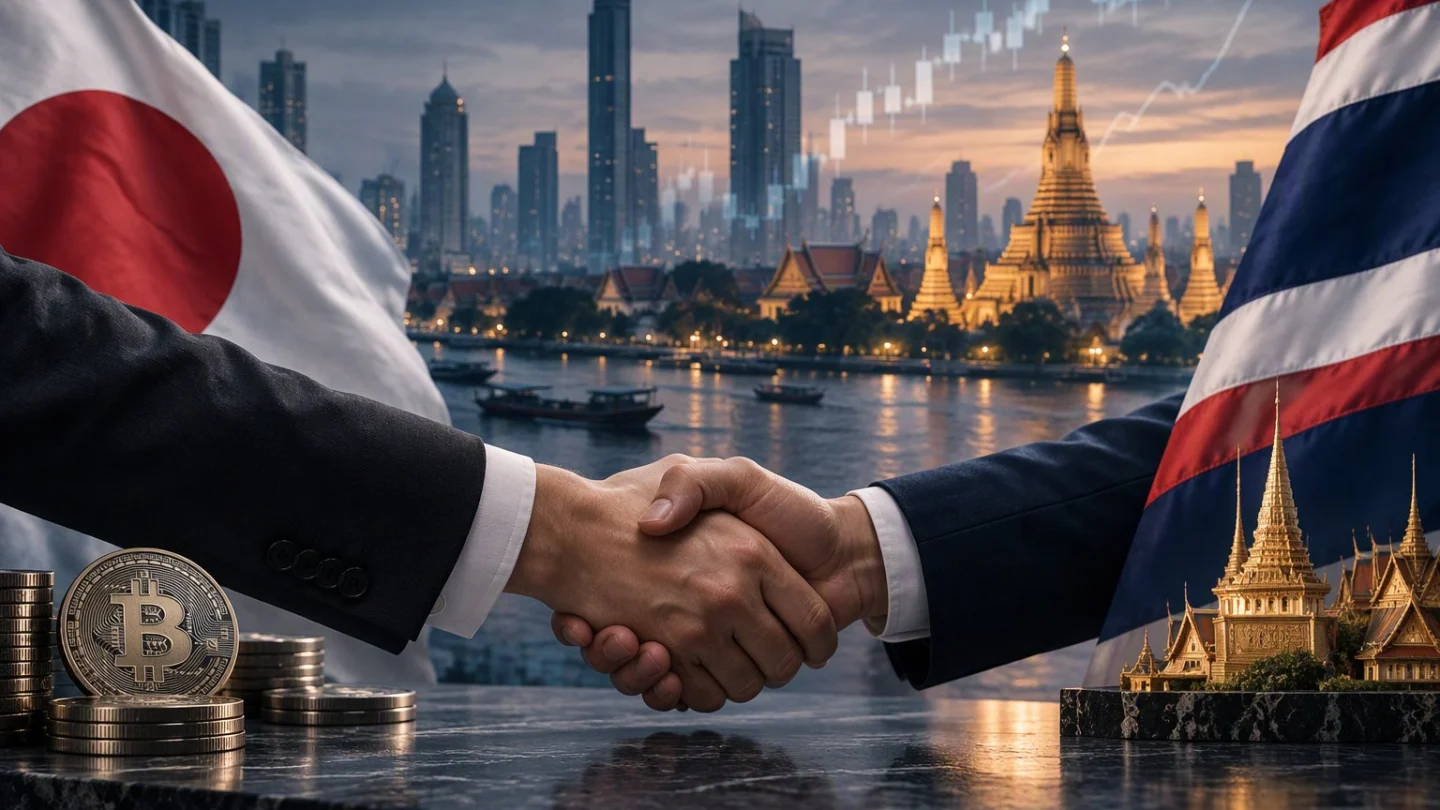 Editorial illustration of an exchange building in Bangkok changing hands, with Thailand highlighted on a map of Southeast Asia