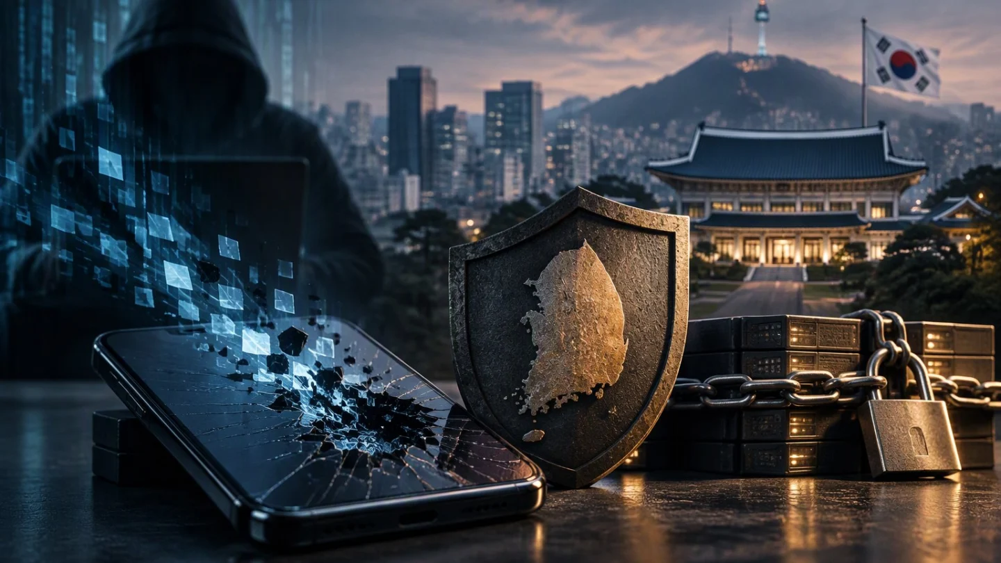 An office messaging app on a phone lying on a desk with a faint shadowy hand reaching toward it, a sealed glass wall separating it from a bank of trading screens behind, the outline of South Korea faintly highlighted on a wall map, in charcoal, slate and blue