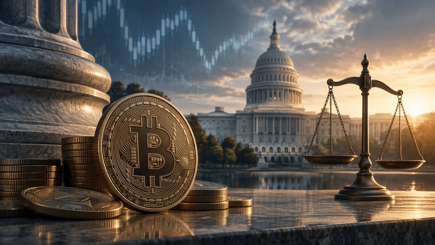 Bitcoin and ether coins on a marble ledge with the US Capitol and a balance scale behind