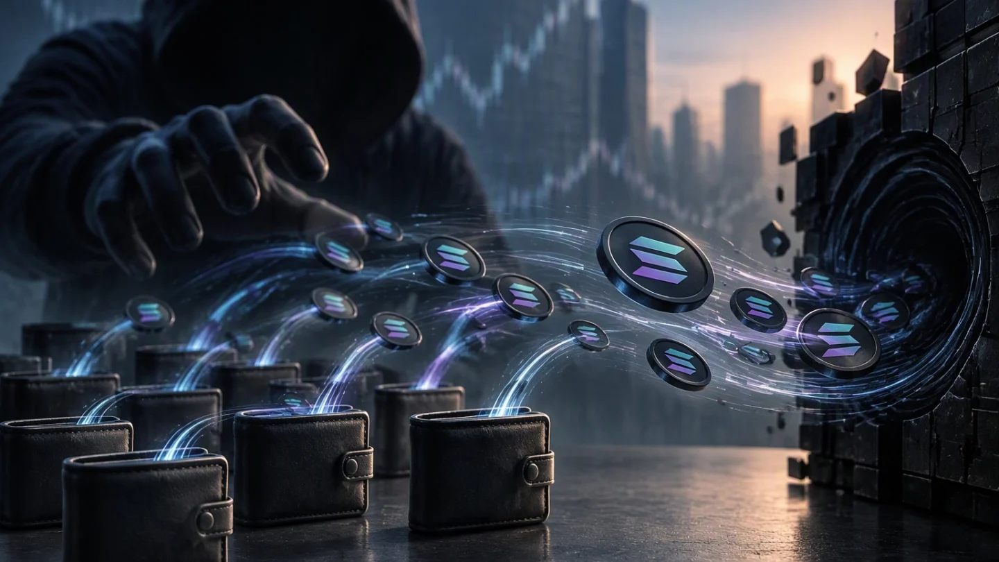 A glowing trading terminal with one cracked plug-in module, thin streams of coins flowing out of a few wallets into the dark, in charcoal, slate and blue