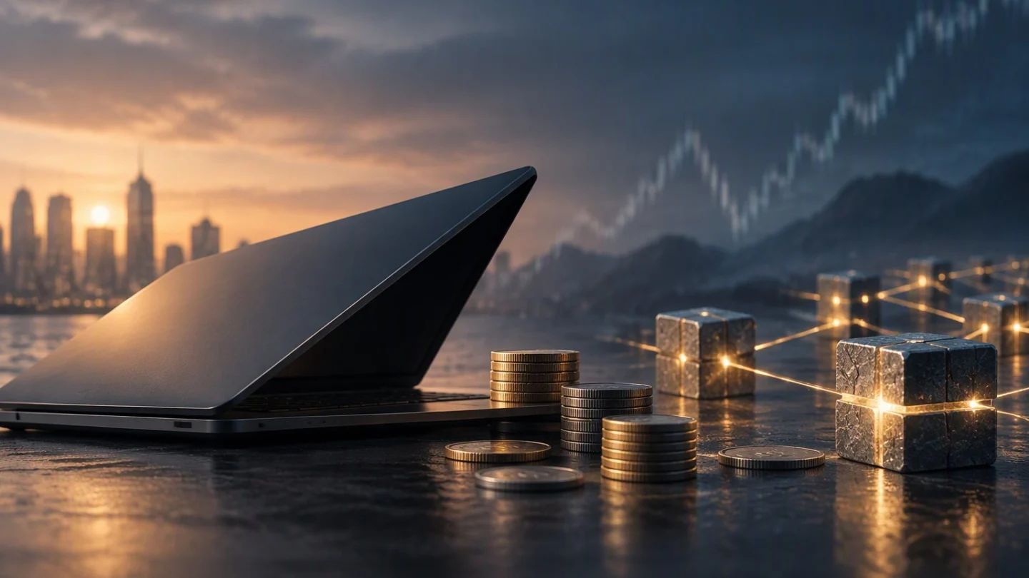 A closed laptop on a dark desk beside stacks of coins and glowing linked cubes, with a city skyline at dusk