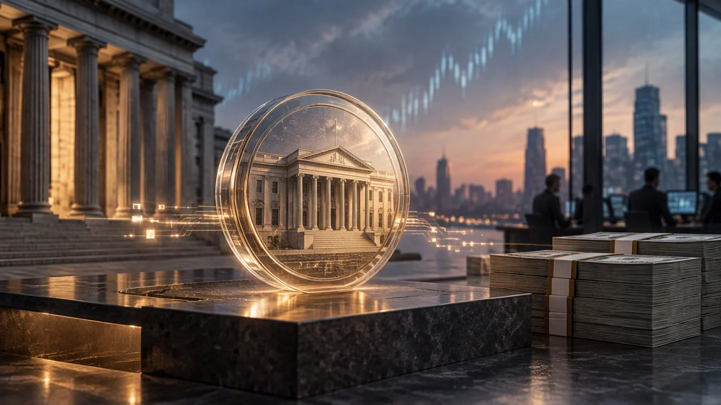 A clear glass disc holding the image of a columned government building, on a marble plinth beside stacks of banknotes and a city skyline