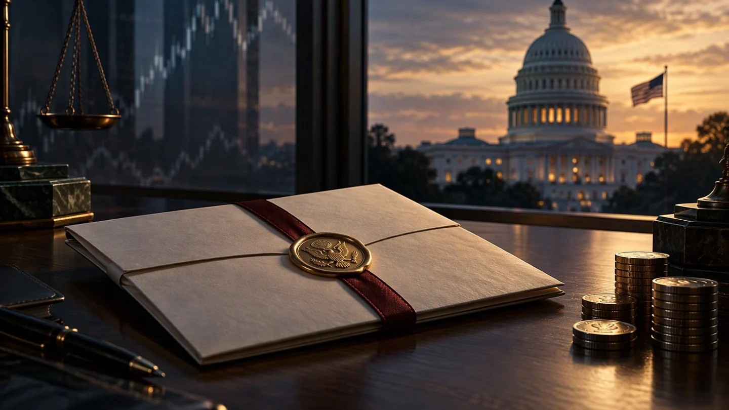 A sealed manila folder tied with string on a dark wood desk, a brass paperweight shaped as a plain disc, muted Capitol dome far in charcoal slate blue mist, no people no logos no text
