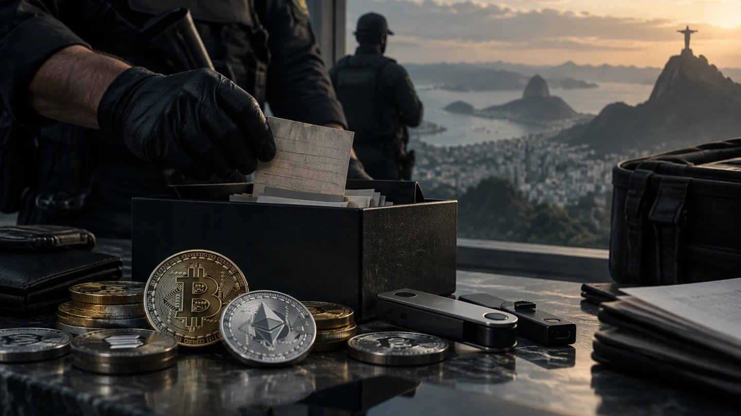 Gloved hands from a police team place a slip of paper into a box beside bitcoin and ether coins and two hardware wallets, with a hazy Brazilian coastal city behind