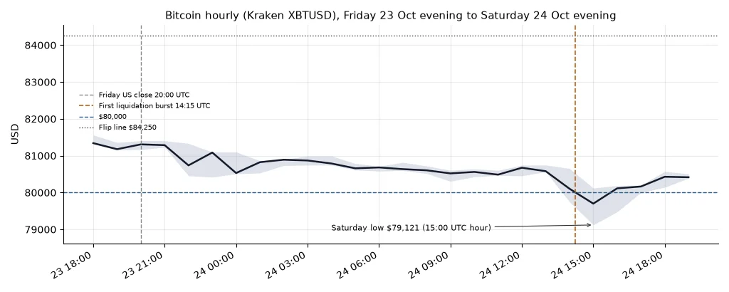 Bitcoin hourly closes on Kraken from Friday evening 23 Oct to Saturday evening 24 Oct, drifting from about $81,300 to $80,600 through the night, dropping below the $80,000 line after 14:00 UTC to a low of $79,121 in the 15:00 UTC hour, then recovering to about $80,400, far below the $84,250 flip line