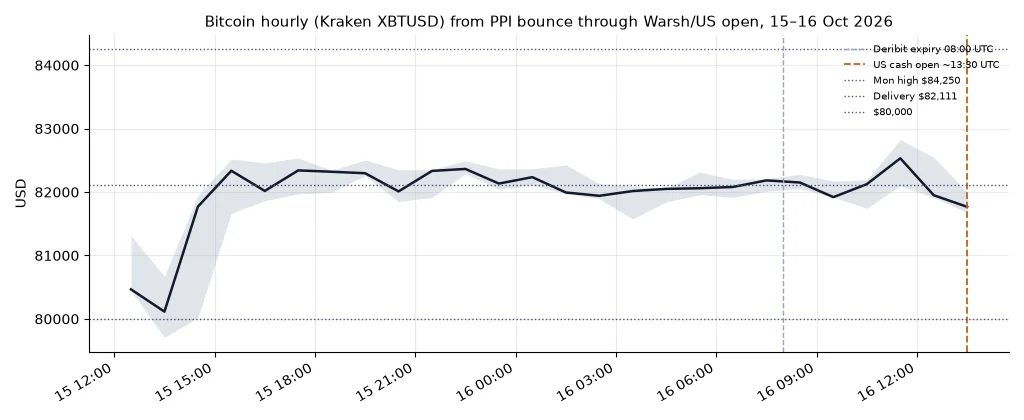 Bitcoin hourly candles from the 15 Oct PPI bounce through the 16 Oct Deribit expiry and US cash open, with Monday's $84,250 high, the $82,111 delivery and the $80,000 line marked