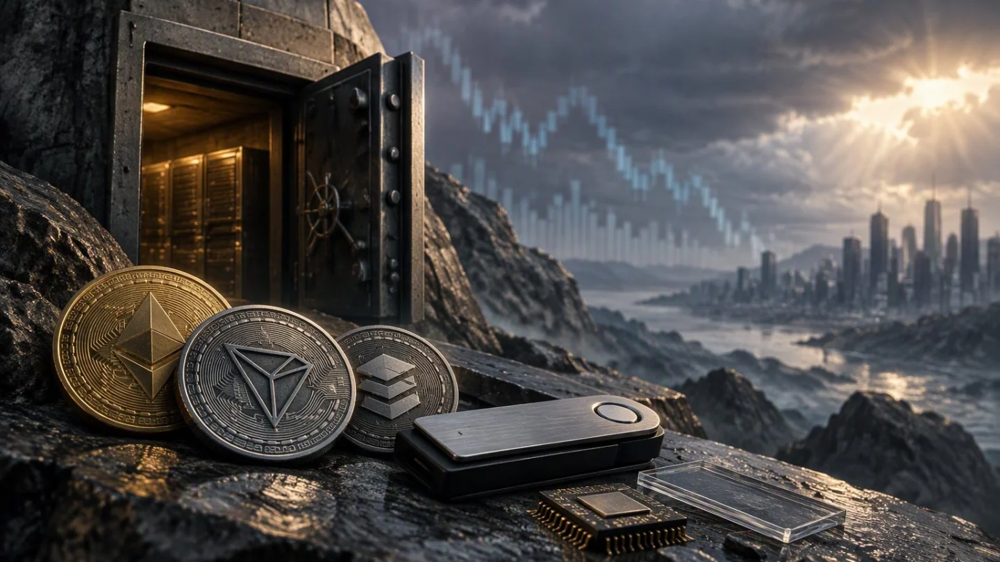 A steel vault door ajar in a rocky hillside, with cryptocurrency coins, a hardware wallet and a loose chip lying in front of it