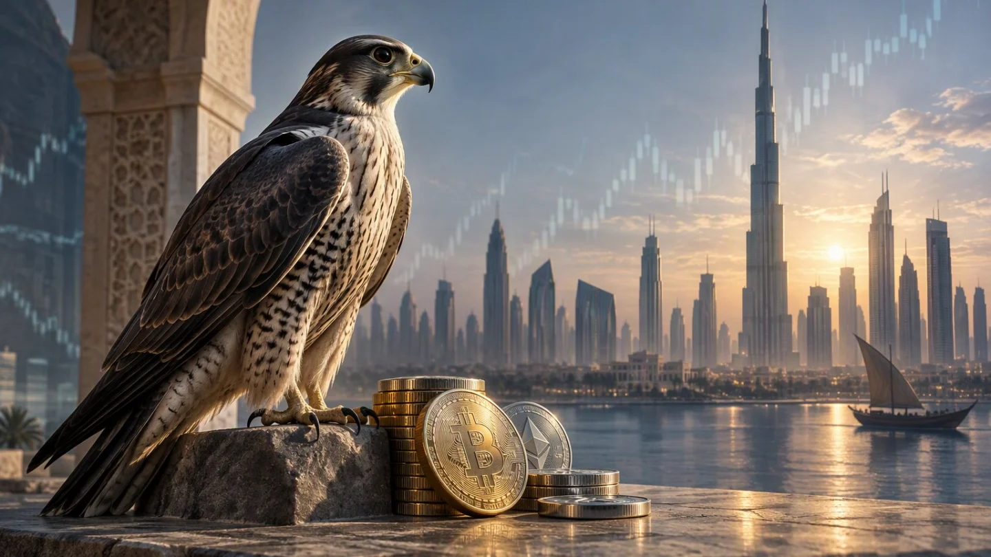A single brass key resting on a dark ledger in front of a softly lit Dubai skyline, with the United Arab Emirates highlighted on a faint map, in charcoal, slate and blue