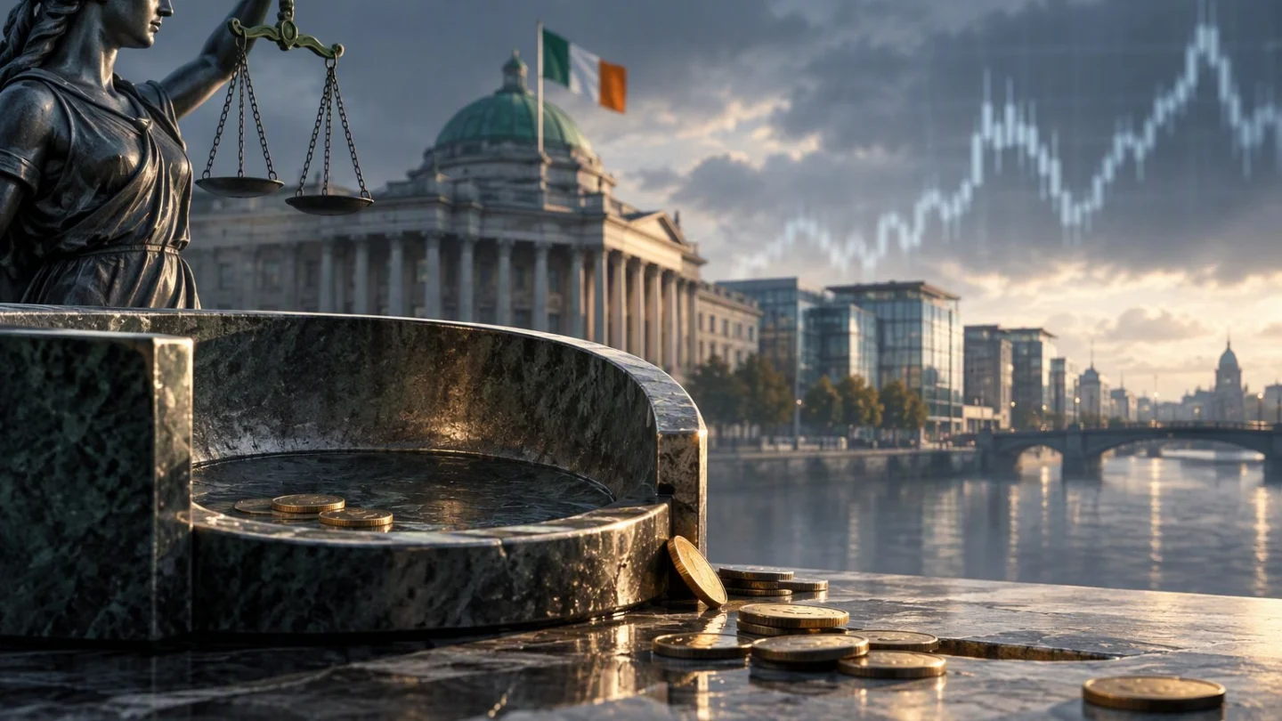 A statue of Justice holding scales above a stone basin with only a few coins left in it, the Irish flag over a domed Dublin building and the river behind, in charcoal, slate and blue
