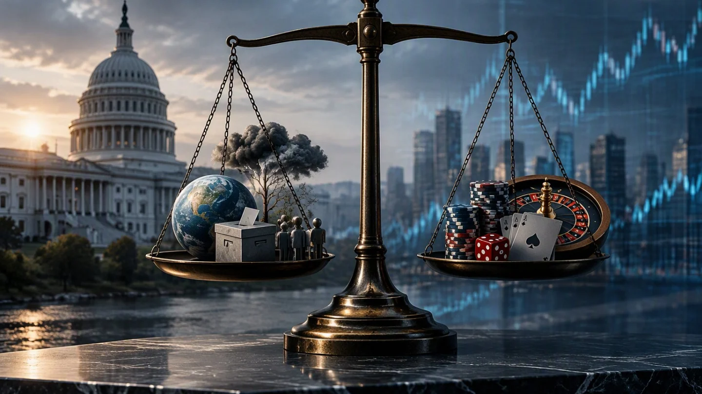 Brass scale weighing a globe, ballot box and figures against casino chips, dice and a roulette wheel, with the US Capitol behind