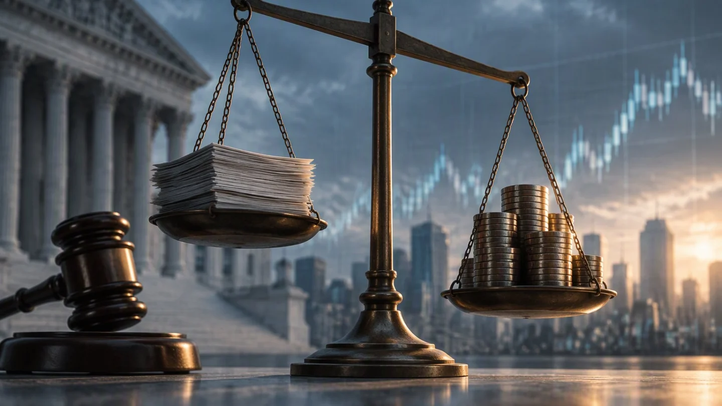 A balance scale weighing a stack of legal papers against a stack of coins, with a gavel and a columned courthouse on one side and a rising price chart over a city skyline behind