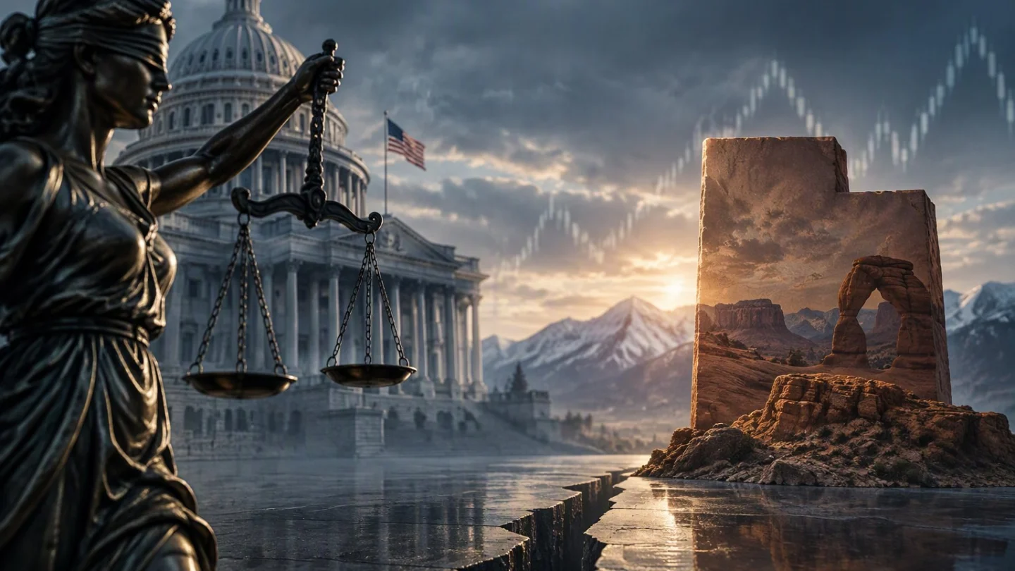 A federal courthouse column casting a long shadow across a map of the United States with Utah highlighted, beside a dimmed screen of market odds, in charcoal, slate and blue