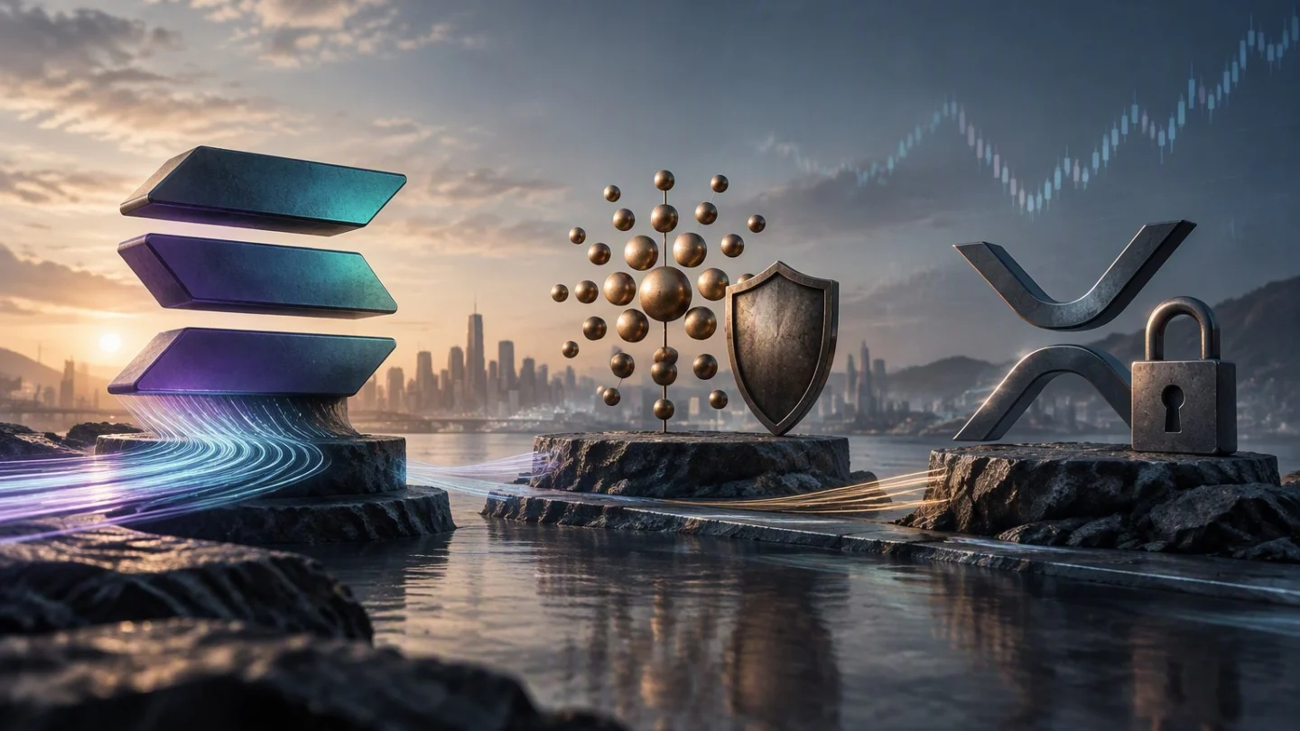 Solana, Cardano and XRP symbols on three rock pedestals by the water, with a shield and a padlock beside them