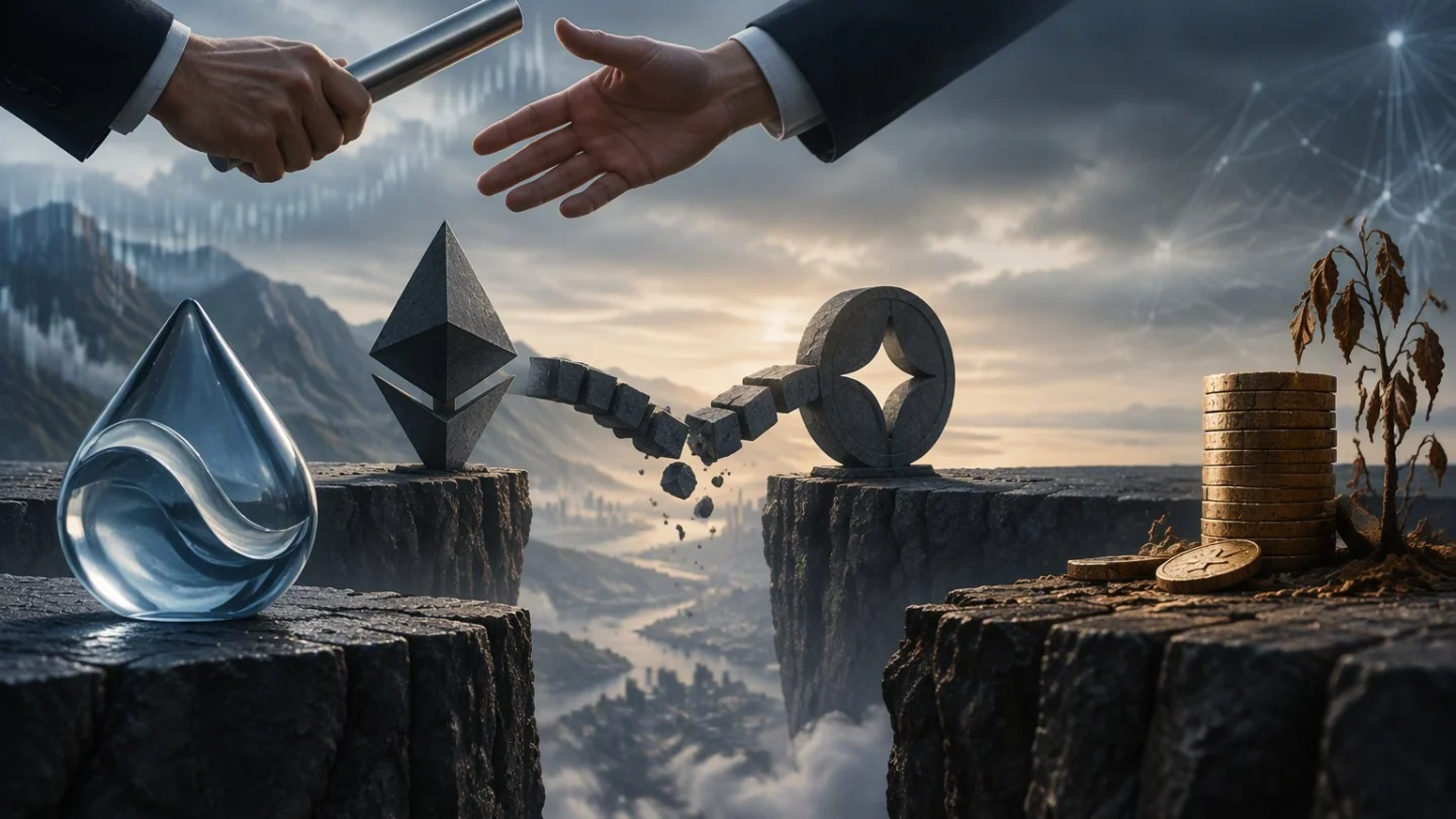 Two hands passing a metal baton above split cliffs holding a glass water drop, a stone ether-style diamond and a crumbling stone bridge, with a coin stack and a wilting plant on the right