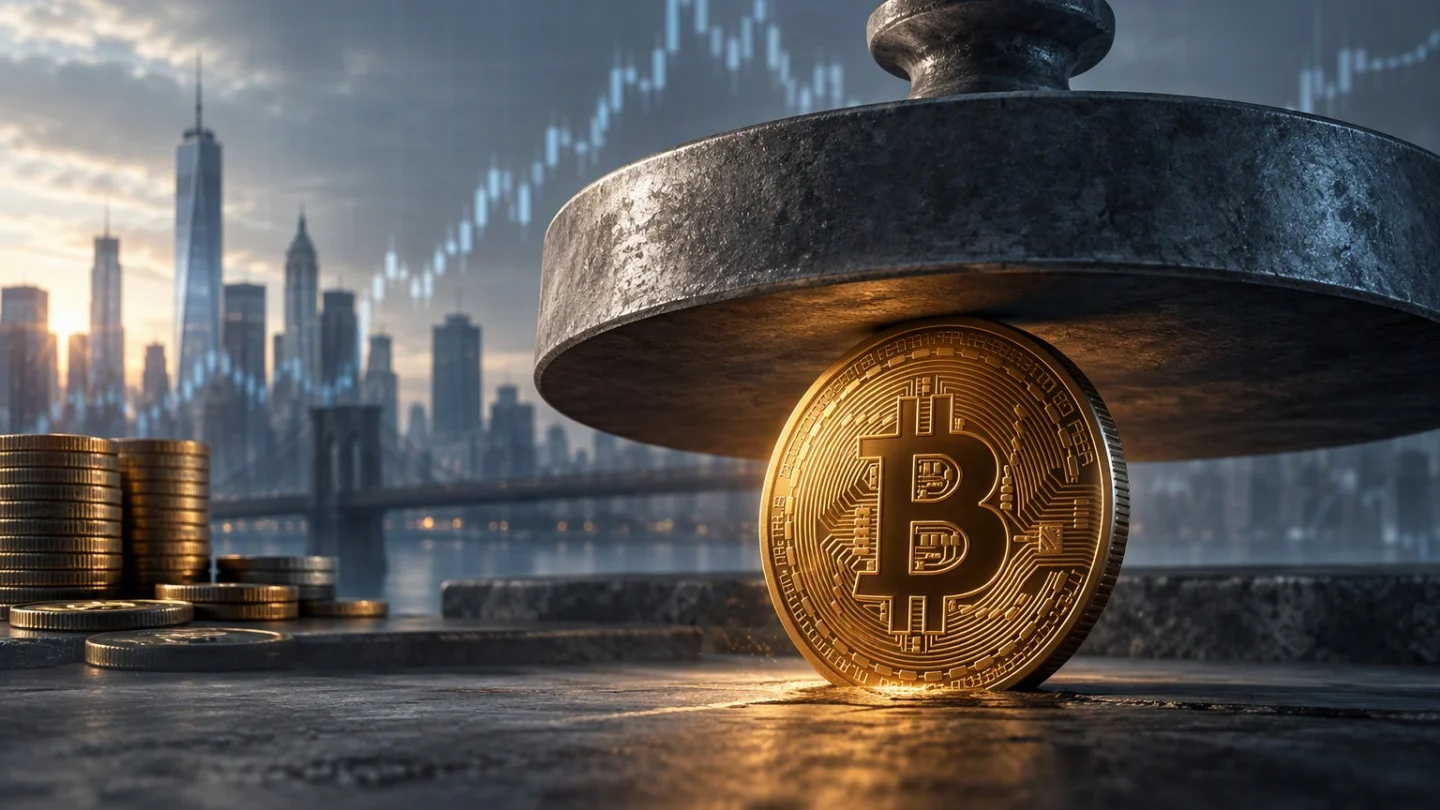 Illustration of a gold bitcoin coin pinned beneath a heavy iron press against a New York skyline, for bitcoin pressing against its $84,250 range ceiling