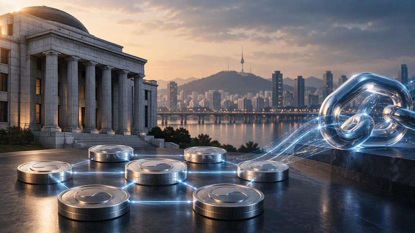 Two blockchain circuits joined by a single glowing bridge above a stylised banking hall, with South Korea highlighted on a faint map, in charcoal, slate and blue