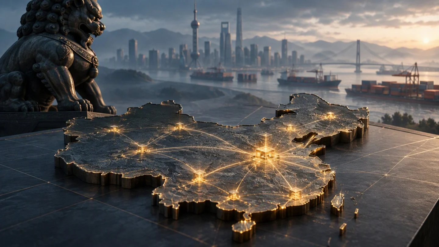 A lattice of glowing nodes spreading from a central trunk line across a dark map, with China highlighted and four regional hubs lit more brightly, in charcoal, slate and blue
