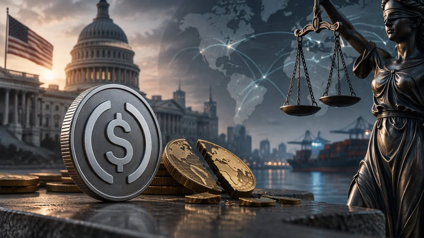 Two stablecoins on either side of a courthouse balance in a dim Washington hall, one coin weighed down by streams of money arriving from a distant desert skyline, with the United States highlighted, in charcoal, slate and blue