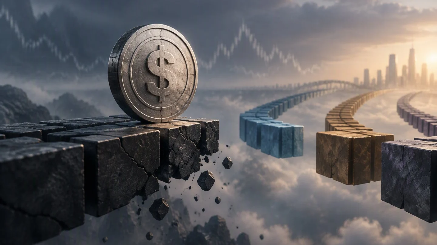 A stone dollar coin on a crumbling bridge of blocks, with other block paths leading through clouds to a distant city
