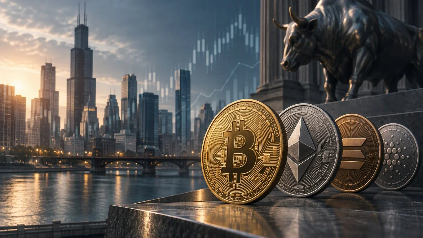Bitcoin, ether, Solana and Cardano coins stand on a granite ledge beside a bronze bull statue, with the Chicago skyline, river and a faint candlestick chart behind