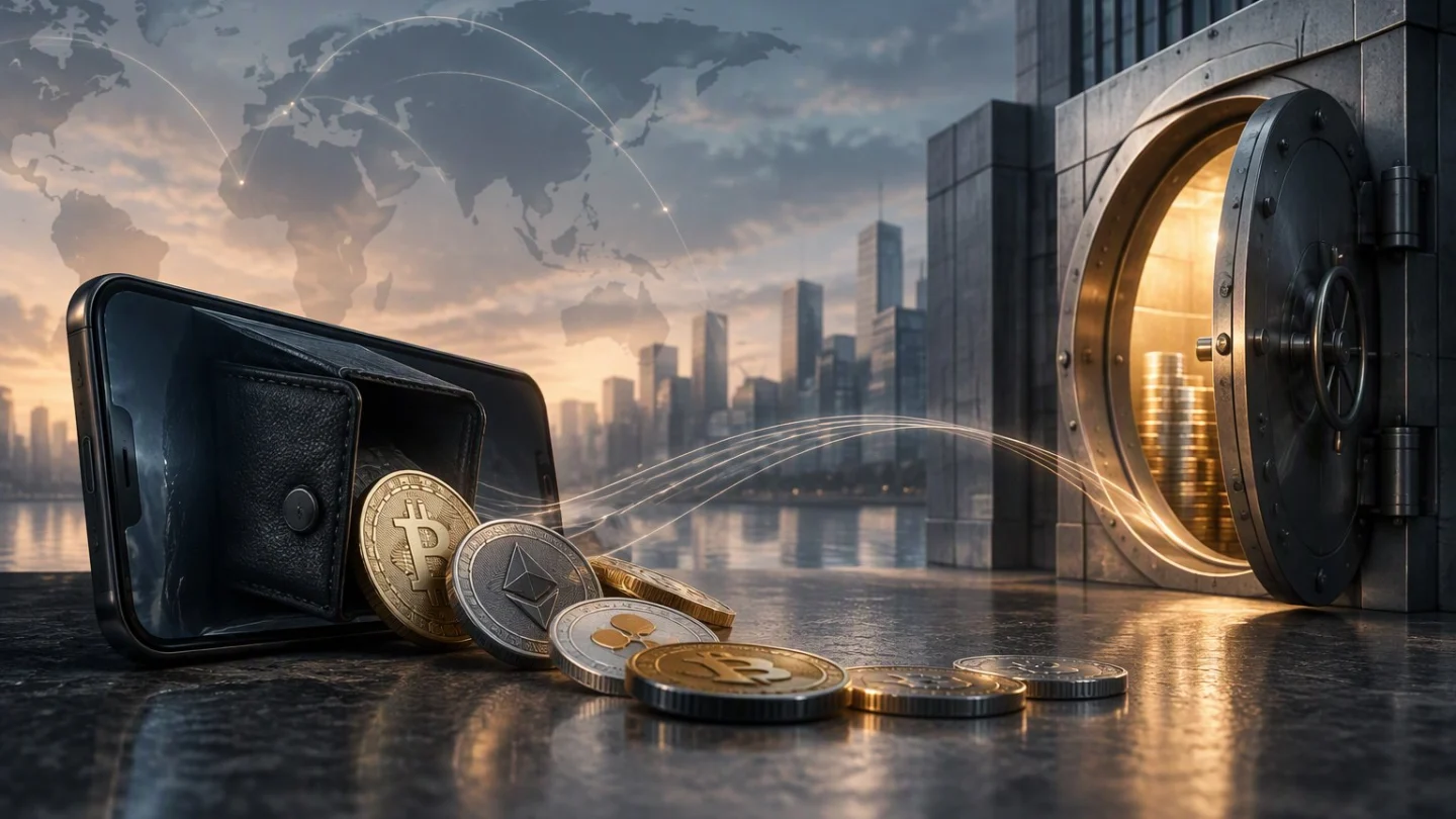 A smartphone with a leather wallet spilling crypto coins on a wet stone ledge, light streams flowing into an open bank vault, with a world map and city skyline behind