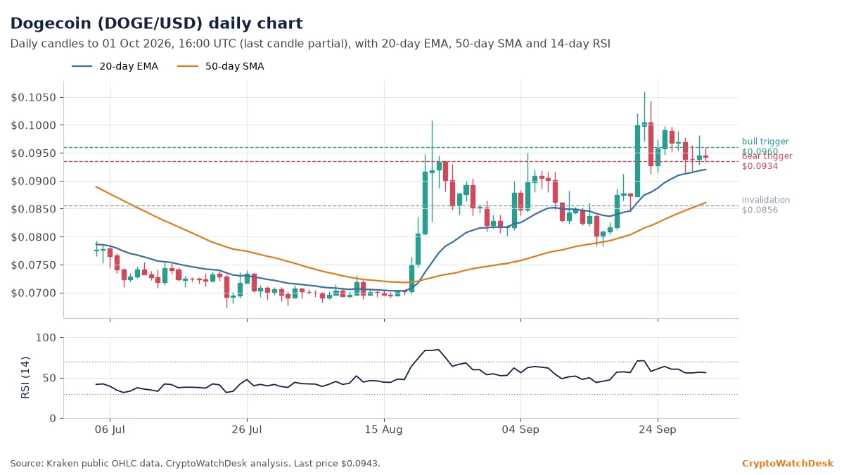 Dogecoin daily candlestick chart with 20-day EMA, 50-day SMA and RSI