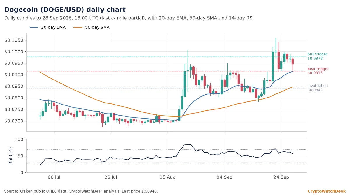 Dogecoin daily candlestick chart with 20-day EMA, 50-day SMA and RSI