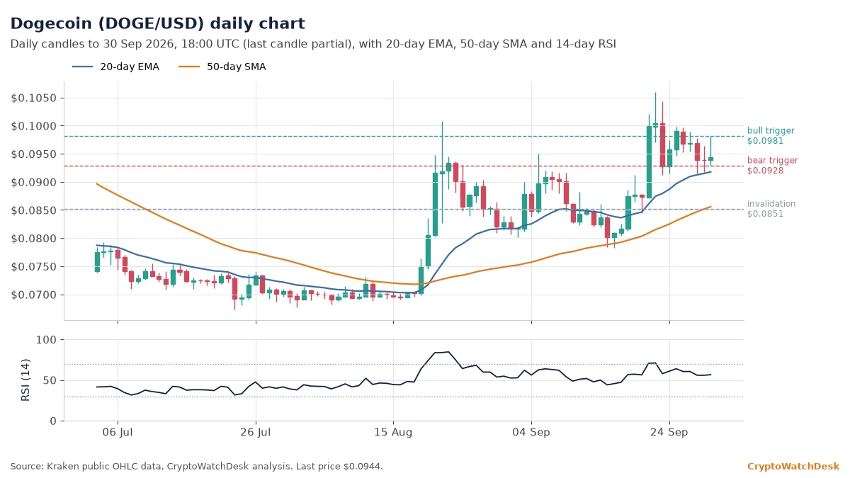 Dogecoin daily candlestick chart with 20-day EMA, 50-day SMA and RSI