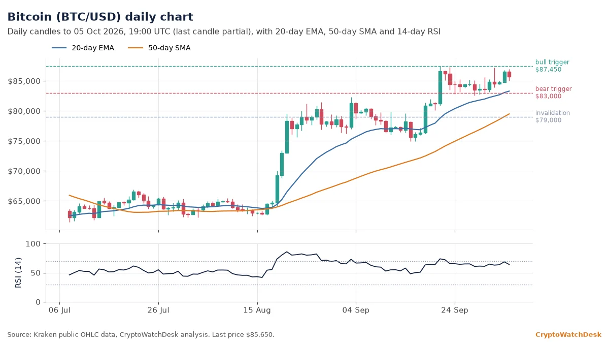Bitcoin daily candlestick chart with 20-day EMA, 50-day SMA and RSI